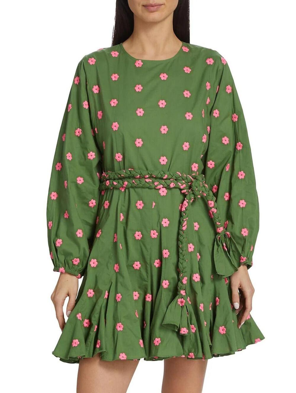 Rhode Ella Mini Flirty Dress Green and Pink Embroydered Missing belt